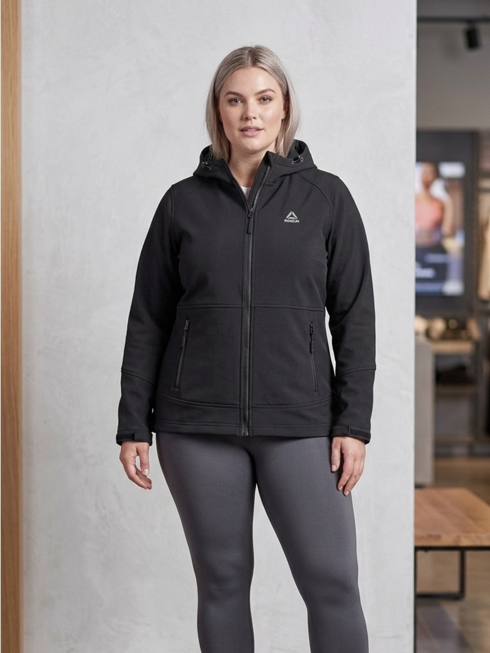 061-Spring /Fall Reebok Black Hooded Bomber Jacket with Silver Zippers